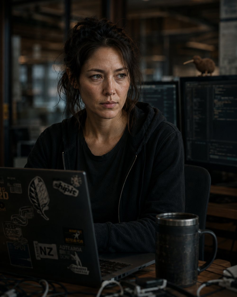 Jessa Miro working at a dim engineering desk with laptop stickers and late-night focus.
