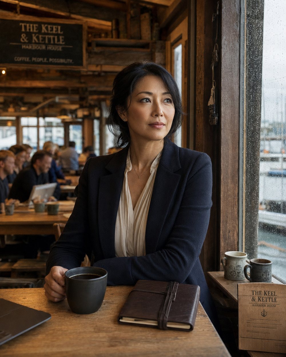 Mara Kuroda seated at The Keel and Kettle with coffee and notebook beside a rain-lit harbour window.