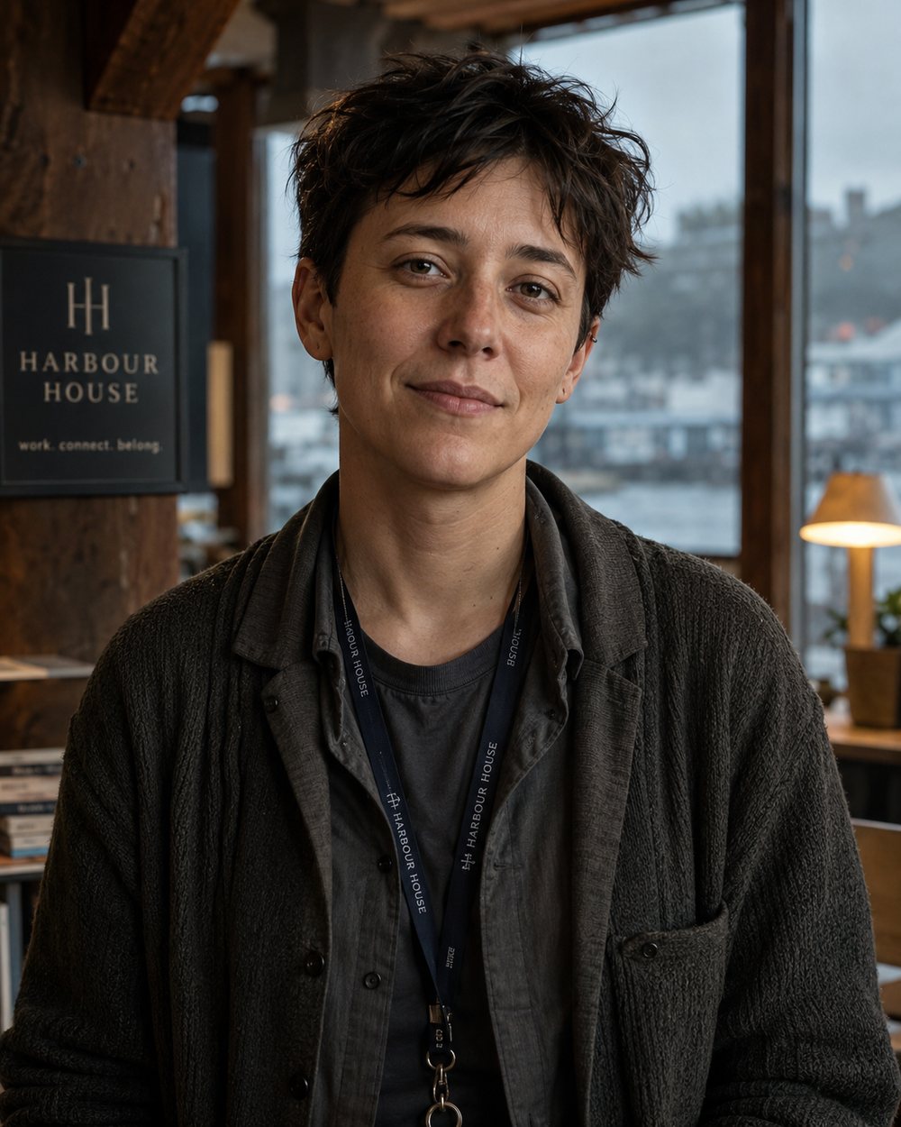 Pip Wainwright at Harbour House wearing layered practical clothes and a lanyard.