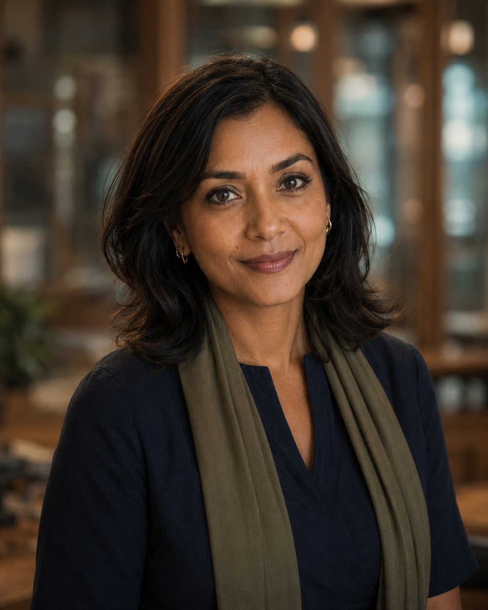 Priya Bell, warm operational leader, in a rain-lit professional setting.