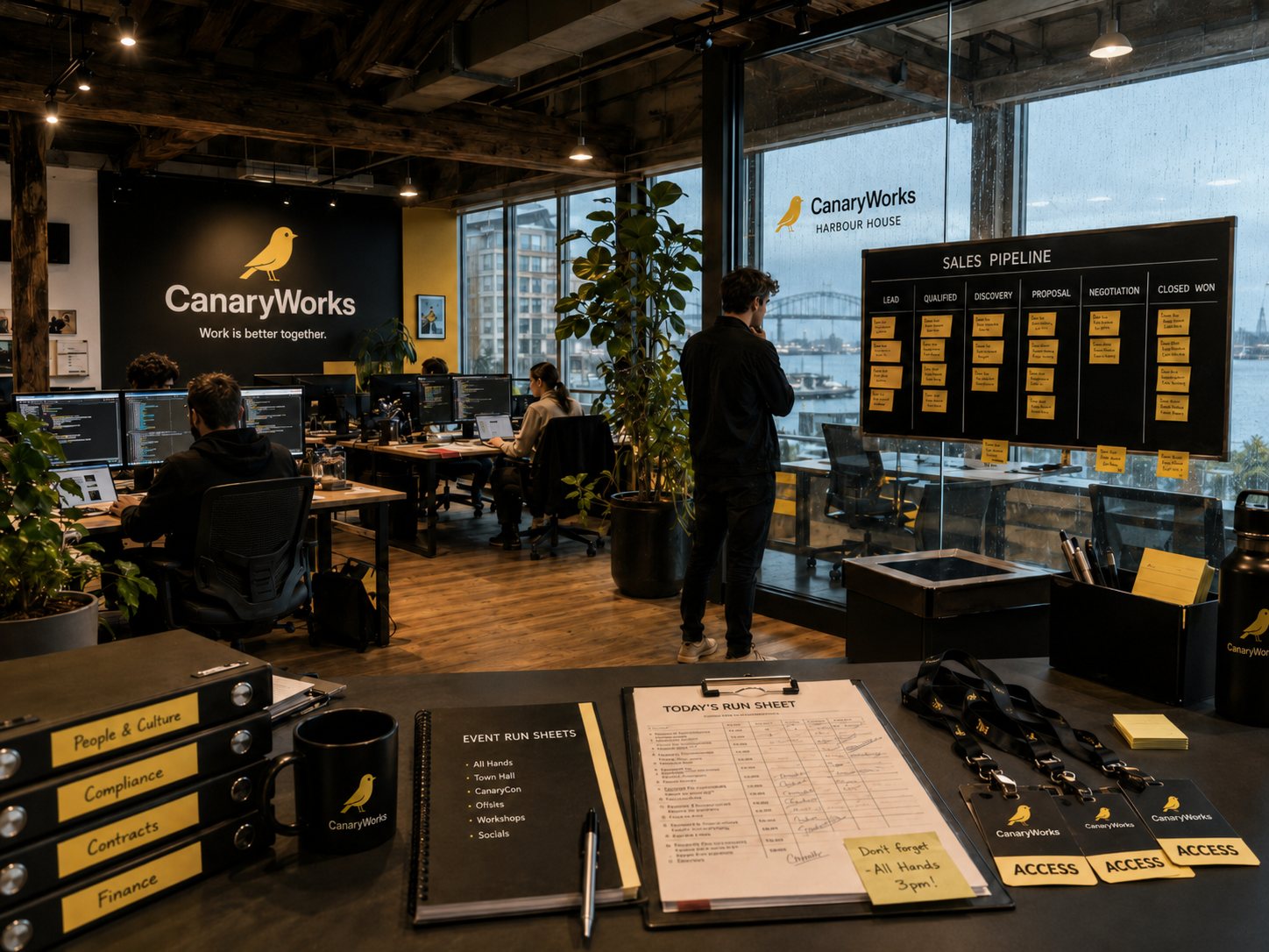CanaryWorks startup office with black and yellow branding, harbour windows, and demo-day workstations.